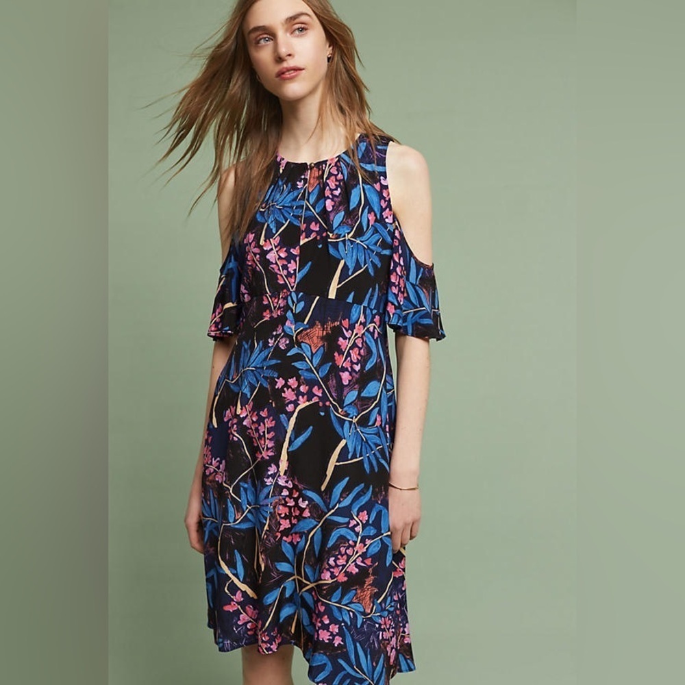 Anthropologie Maeve Open Shoulder Dress Floral Black A Line Size 10 and 6